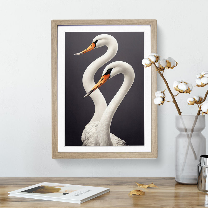 Two Pretty Swans - Wall Art, 66cm H x 48cm W x 3cm D, Oak Picture Framed, White