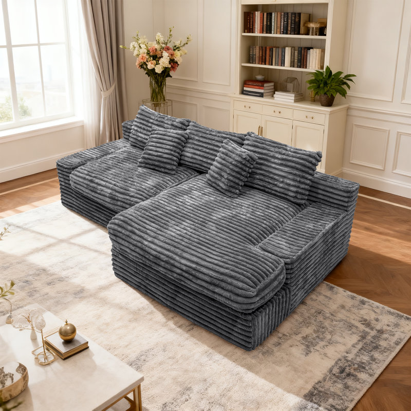 Canapé modulaire avec tissu velours côtelé et méridienne large, Velours côtelé gris, Orienté à droite