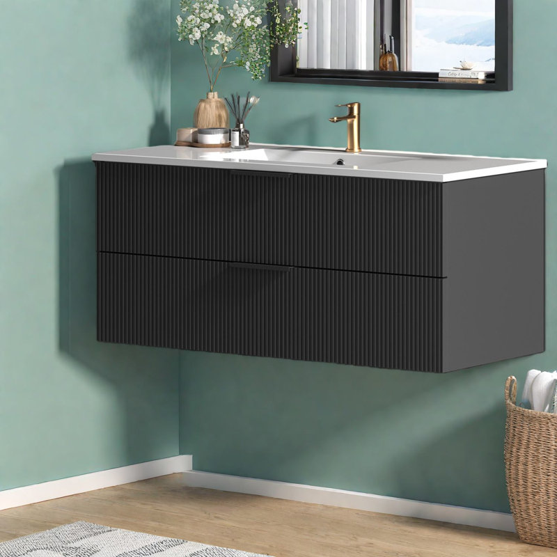 Meuble-lavabo spacieux en MDF noir avec lavabo en céramique, design flottant moderne