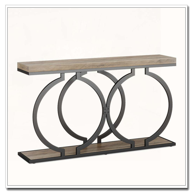 Industrial Console Table with Geometric Metal Frame Vintage Wood Top