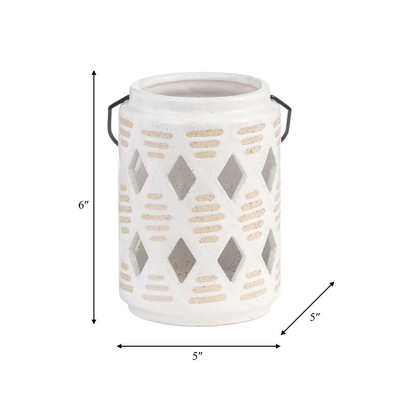 Decorative Ceramic and Stoneware Lantern with Cut-Out Diamond Design - Sleek Modern Hurricane Accent Crafted from Durable Materials for Stylish Ambient Display in Any Setting