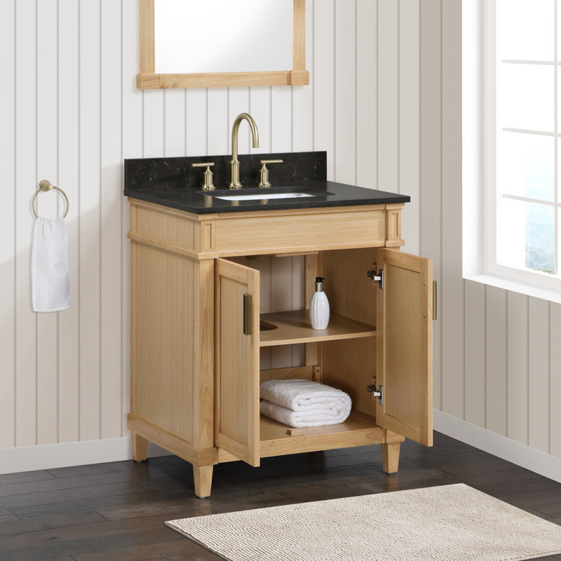 Londa Double Sink Bath Vanity In Natural Wood Finish With Black Carrara Quartz Top, 30"