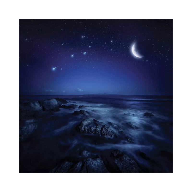 Rising Moon Over Ocean And Boulders Against Starry Sky. by Evgeny Kuklev - Wrapped Canvas Gallery-Wrapped Canvas Giclée