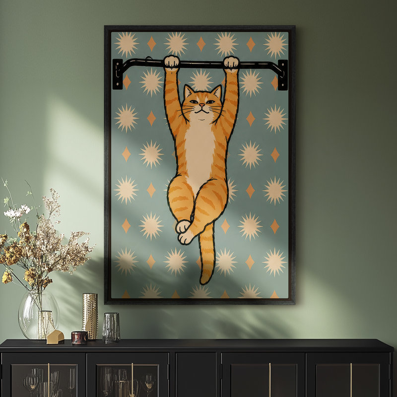 Art mural encadré sur toile - Chat orange amusant suspendu à un bar avec motif d'étoiles rétro - 16 po x 24 po, 24 po x 36 po