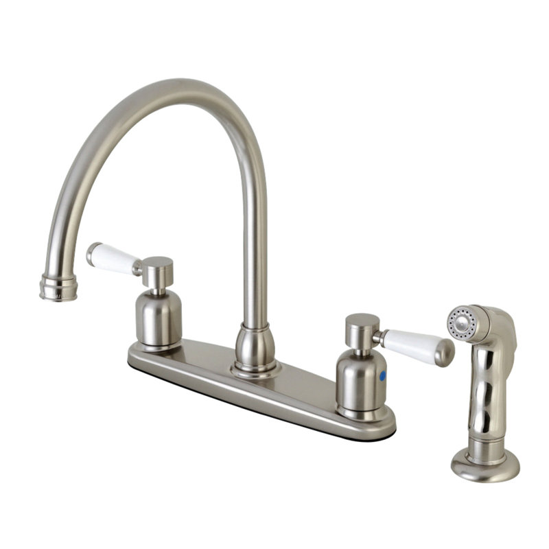 Kingston Brass Paris Two-Handle 4-Hole 8" Centerset Kitchen Faucet with Side Sprayer, Brushed Nickel