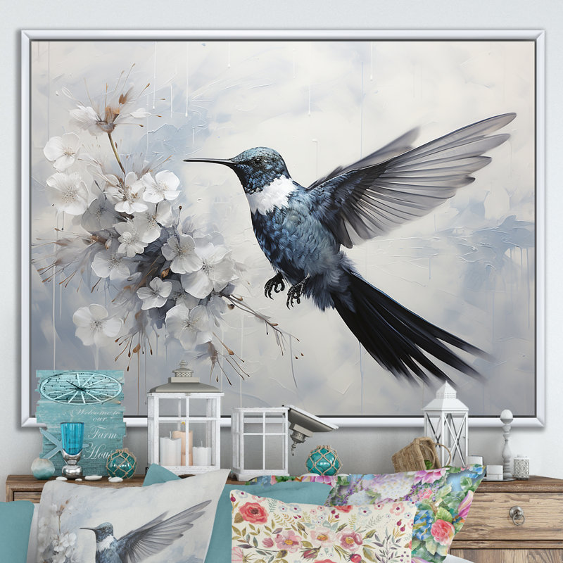 Colibri harmonie florale I sur toile, Cadre flottant blanc, H 16 po x l 32 po x P 1 po