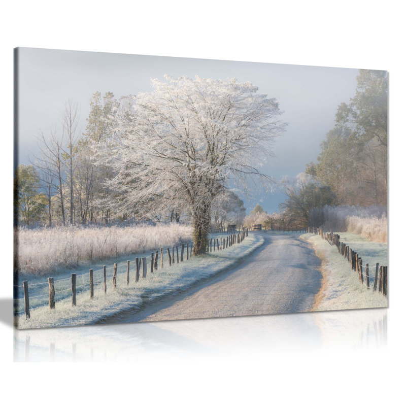 Windy Cold Morning Lonely Road - Wrapped Canvas Print, 20cm H x 31cm W