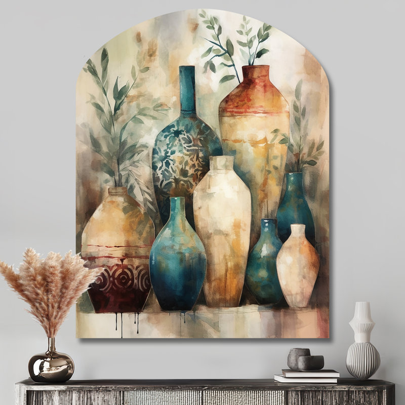 Green And Orange Artisanal Boho Pottery I - Boho Pottery Arch Shape Irregular Metal Wall Decor, 43" H x 33" W x 1" D