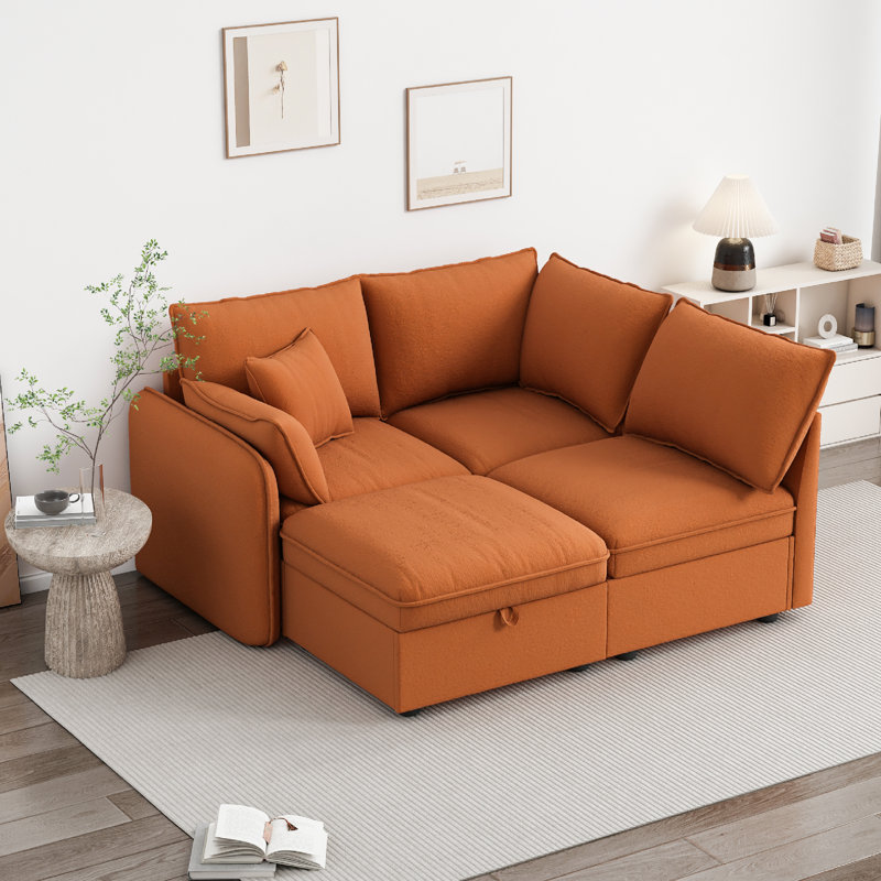 Canapé modulaire rembourré réversible 4 pièces Geralte, Molleton doux orange