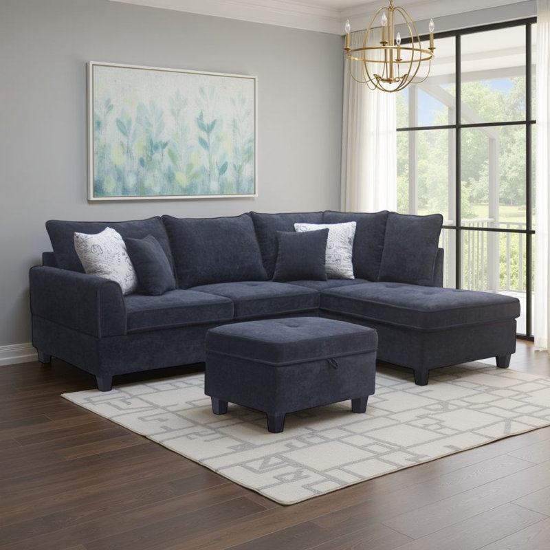 Canapé modulaire Kyna, 4 coussins, méridienne gauche, repose-pieds avec rangement, Tissu gris foncé