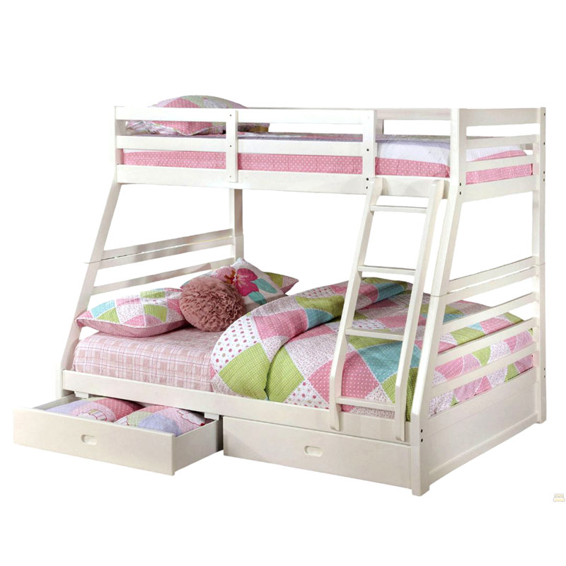 Le lit simple superposé au dessus d'un lit double comprend deux grands tiroirs pour le rangement sous le lit et une échelle attachée