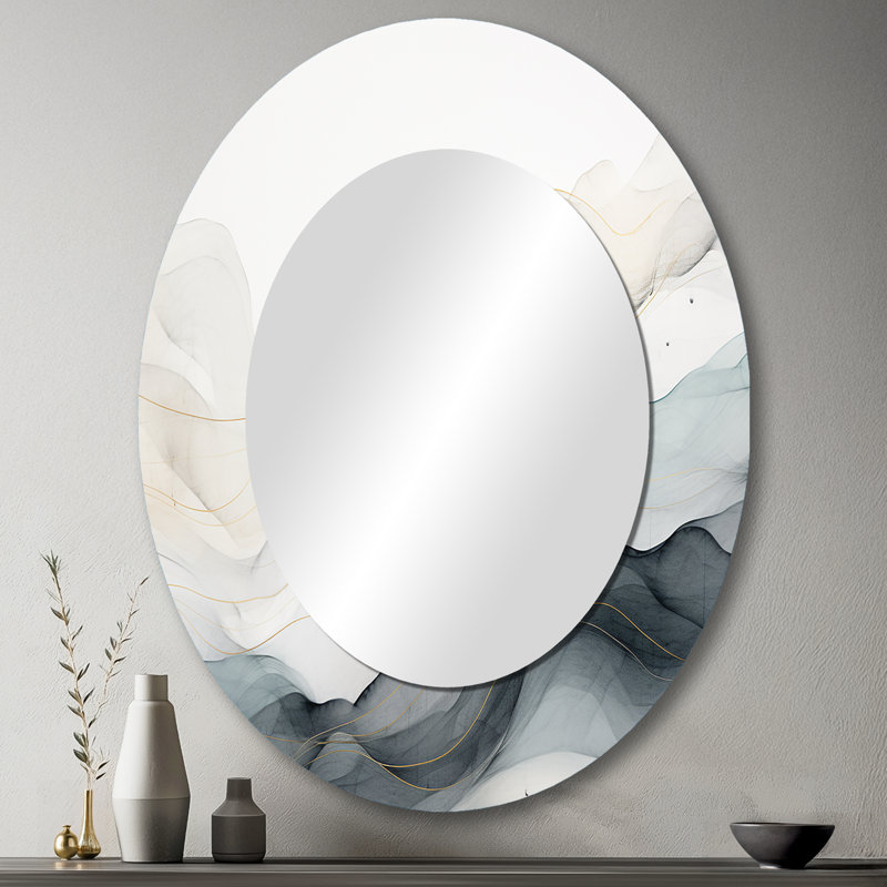 Bleu gris, dessin au trait, conceptuel abstrait II - miroir décoratif ovale abstrait sur métal, 43 po x 33 po