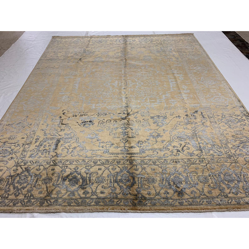 Tapis unique en or / gris noué à la main 7 pi 10 po x 9 pi 6 po