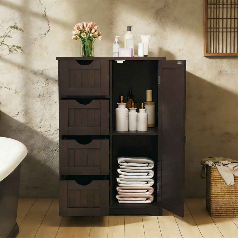 Bathroom Floor Cabinet With 4 Drawers, 1 Door, Wooden Storage Organizer For Laundry, Living Room, Kitchen - Brown