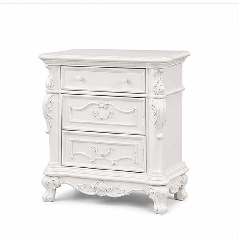 Ensemble de chambre à coucher pour grand lit 4 pièces Ventra, bois massif sculpté blanc, miroir de commode