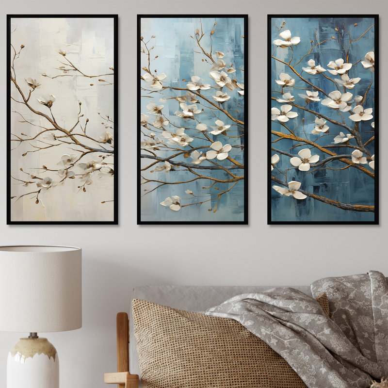«Peacefulness White Blue Dogwood III», ensemble de reproductions d'art mural cornouiller, Cadre flottant noir