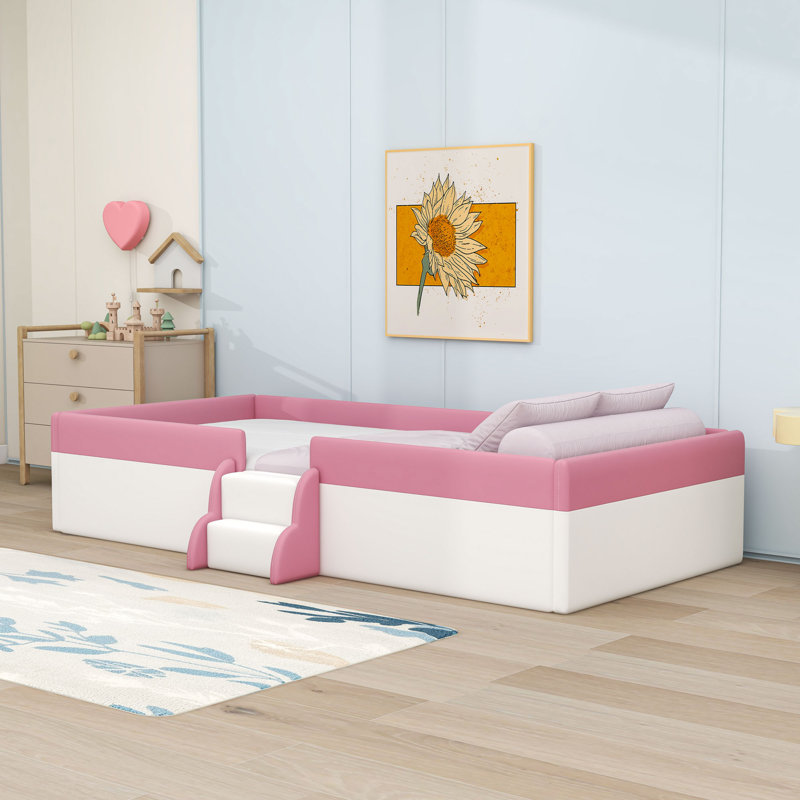 Lit plateforme tapissier avec lattes et escalier, Simple