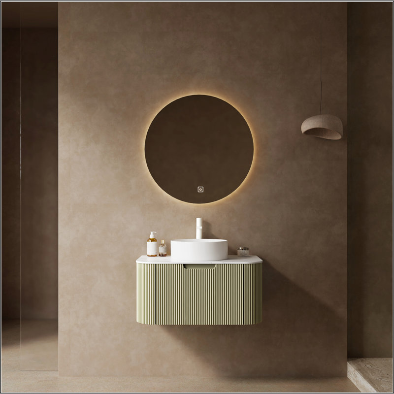 Meuble-lavabo de salle de bain 30 po avec lavabo, meuble-lavabo mural moderne à bords arrondis et courbes avec tiroir, lavabo en marbre artificiel blanc sans robinet, pré-assemblé, vert clair