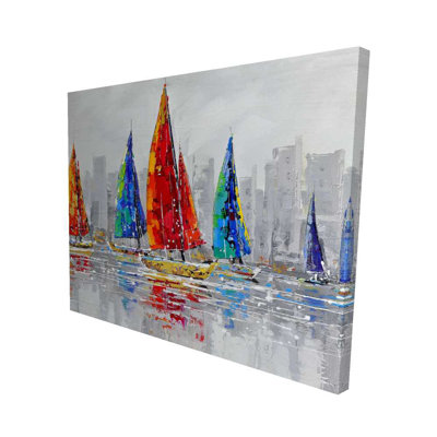 Colorful Boats Near Gray City | Contemporary Canvas Decor