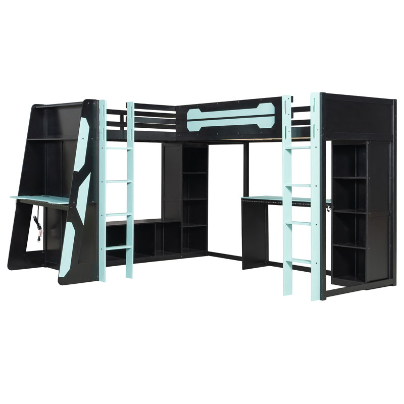 Lit mezzanine simple en L en bois, Bleu
