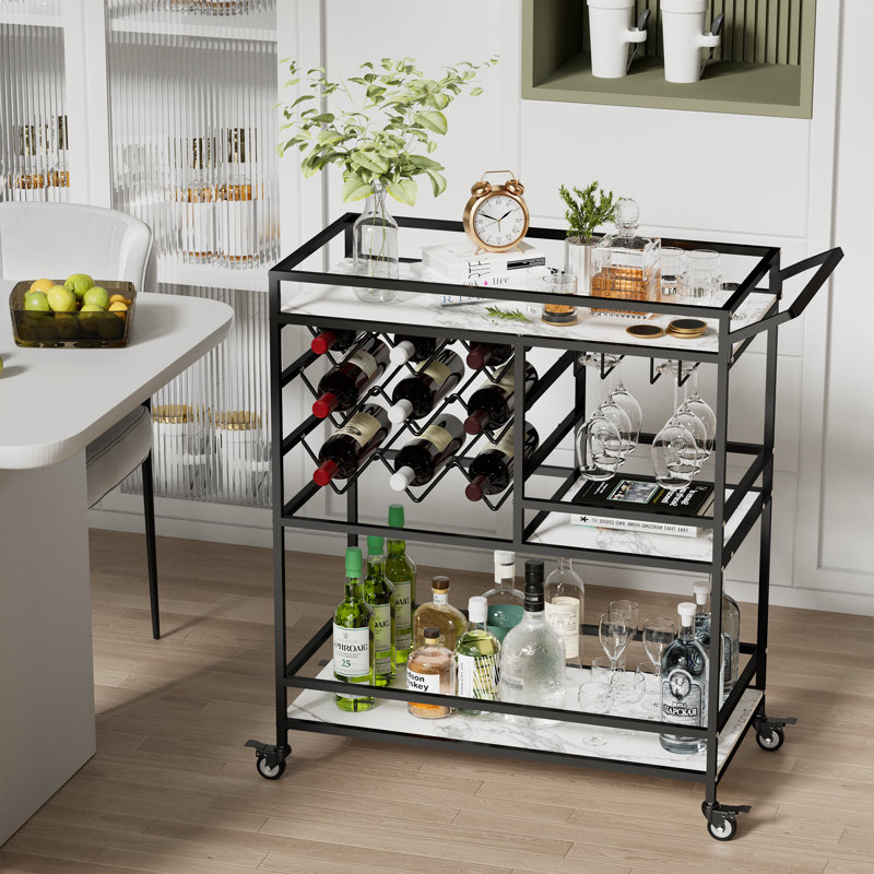 Stamatina 3-Tier Metal Bar Cart with Wine Rack and Glass Storage, Black
