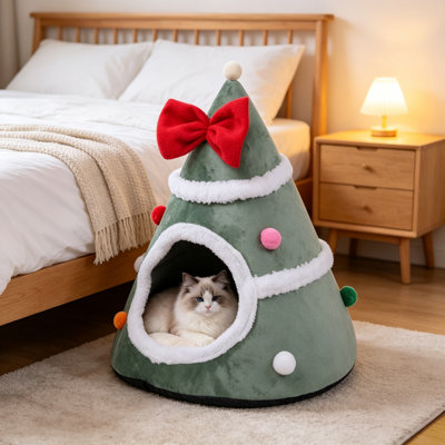 Christmas tree cat hole winter warm pet bed velvet semi-enclosed cozy pet house, suitable for cats and small dogs