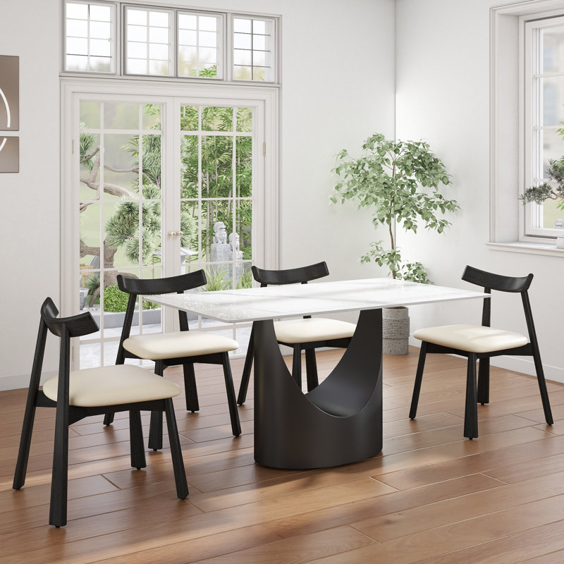 Ensemble de table de salle à manger 5 pièces, Beige/noir, Blanc neige, Noir