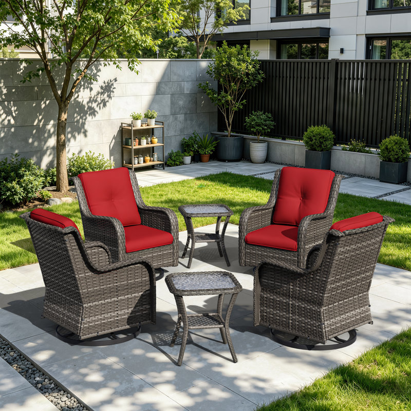Maude 6-Piece Wicker Swivel Chair Set with Cushions, Red, Brown