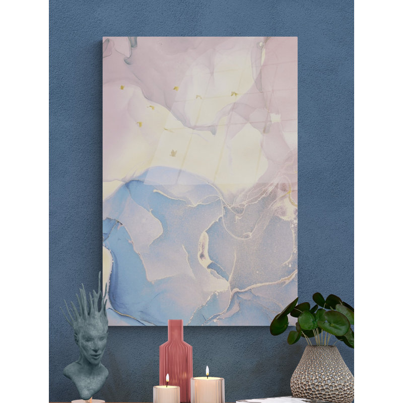Décoration murale en verre trempé de style marbré, impression d'art moderne abstrait bleu et rose sur verre