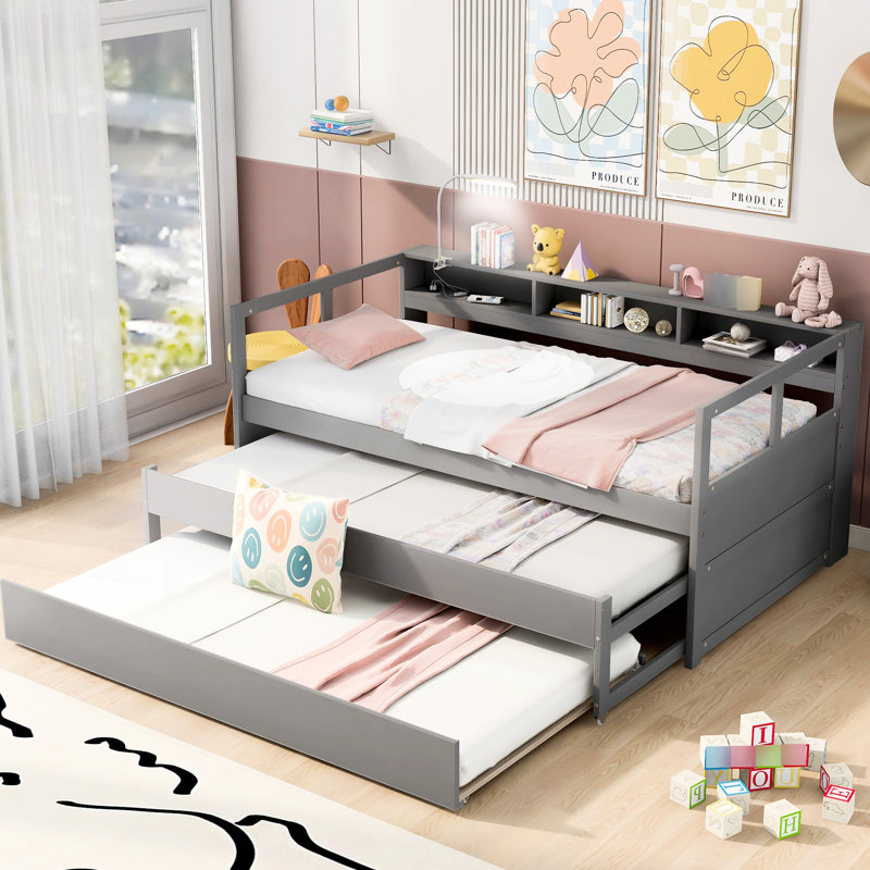 Lit de jour simple TG en bois gris - 2 gigognes, 3 rangements, charge et fonction avec charge, Gray