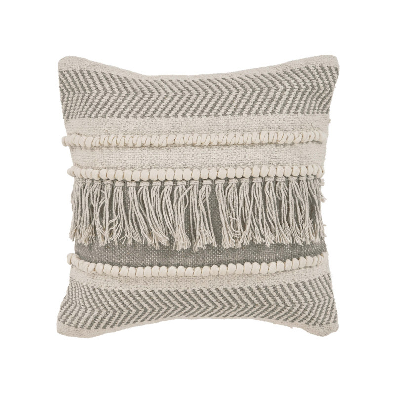 Ivory/Gray Bohemian Striped Cotton Throw Pillow