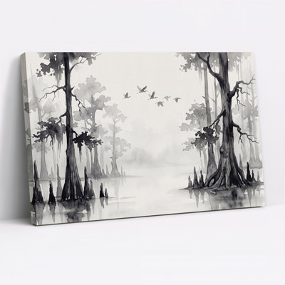 Tableau sur toile représentant des cyprès noirs et blancs et des oiseaux en vol
