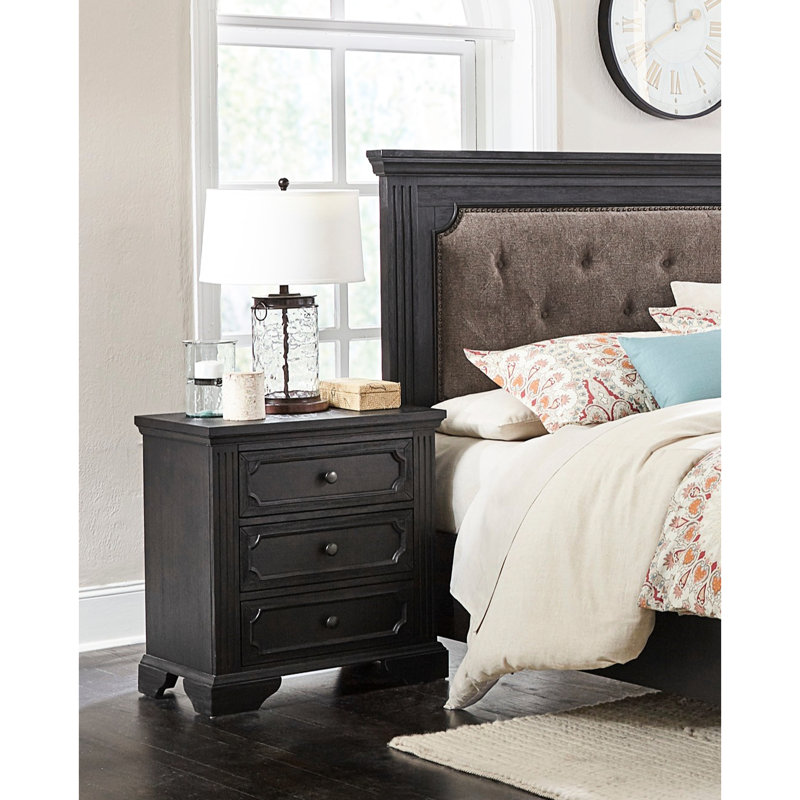 Table de chevet gris anthracite au design rustique, 3 tiroirs fonctionnels pour meubles de chambre