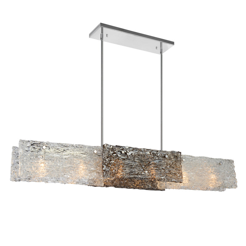 Gwendolyn 6 Light Linear Chandelier, 44 Inch Modern Kitchen Island Light Fixture with Textured Glass, Chrome Finish, for Dining Room, Living Room, Kitchen Island