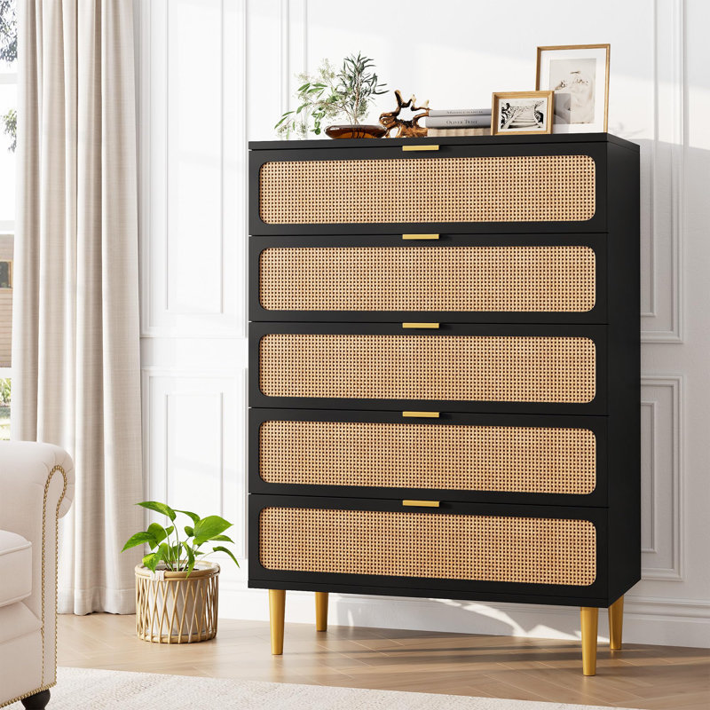5-Drawer Rattan Dresser, Modern Wooden Chest with Deep Storage Drawers for Bedroom, Living Room or Hallway – Black, Black