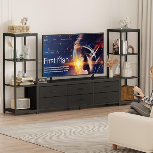 TV Stands for 75 inch TV Entertainment Center with 2 Industrial 4-Tier Bookshelves, Media Console Cabinet with 6 Fabric Drawers