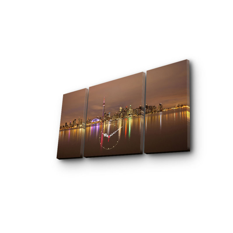 Horloge murale élégante en toile décorative (3 pièces), 33,5 po x 17,7 po | Toile 100% suède avec cadre 100% bois (épaisseur: 1,2 po) | Décoration élégante pour le salon et le bureau, design unique et horloge