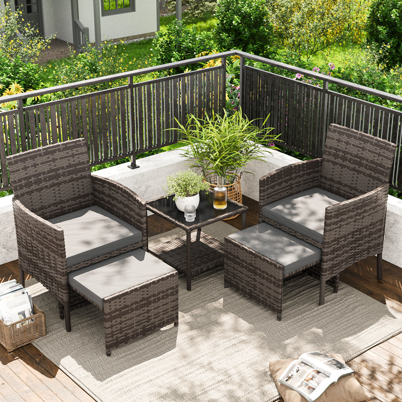 5 Pieces Outdoor Wicker Patio Conversation Set With Cushions And Ottoman, Gray Cushion/Gray Frame