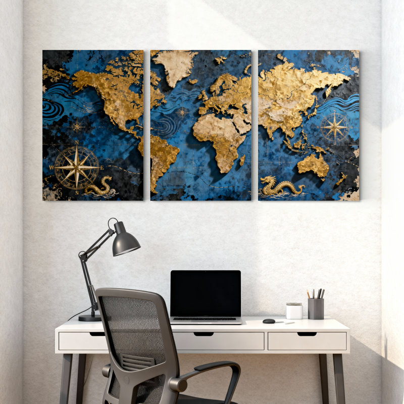 Ensemble de 3 impressions sur toile, carte du monde nautique et plage avec dragon et boussole, H 30 po x l 60 po