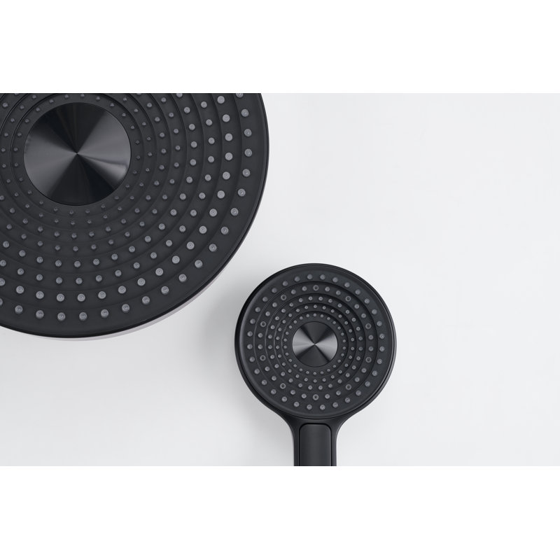 Système de douche en laiton Weshi 3-en-1, pomme de douche à effet de pluie 10 po et poche, noir mat, Noir mat