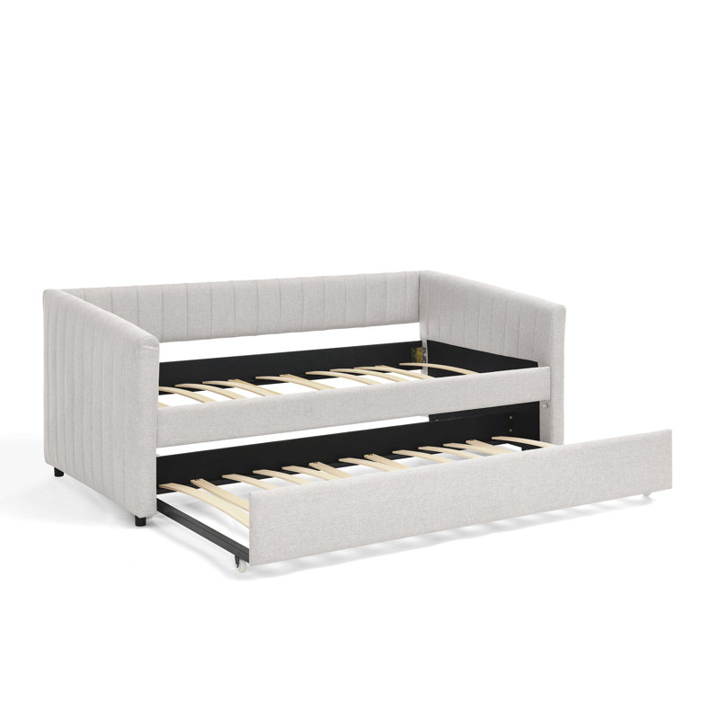 Yamit Daybed With Trundle Upholstered Sofa Bed, With Vertical Stripes, Linen Fabric, Beige, Twin