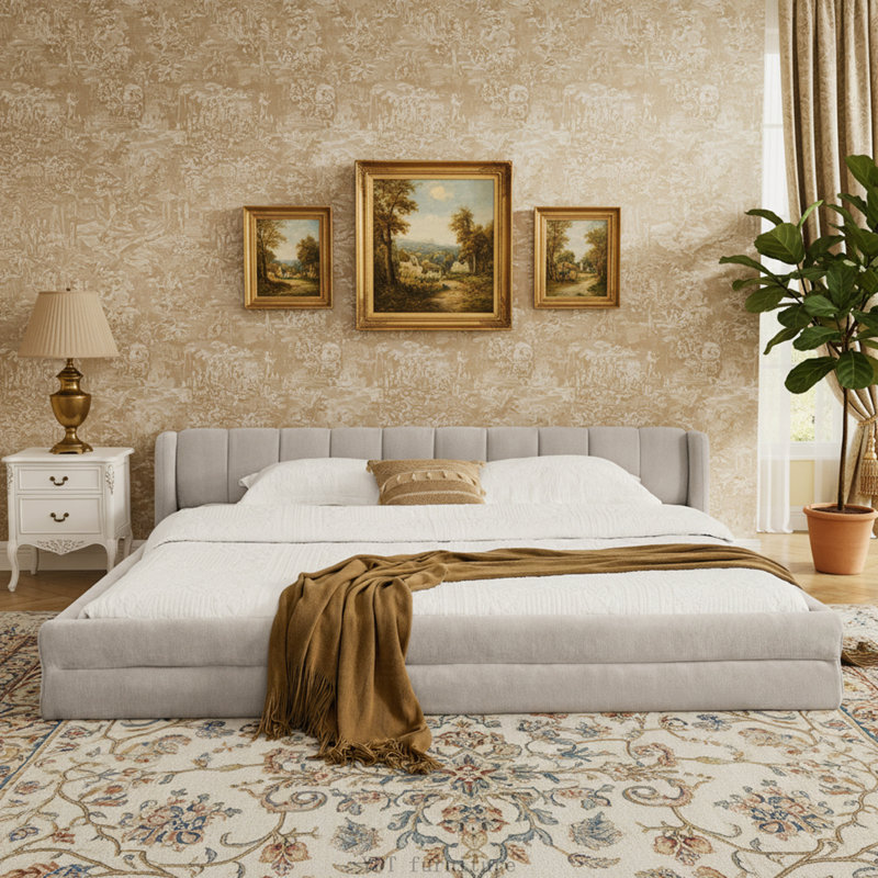 Très grande base de lit tapissier avec tissu épais, Beige