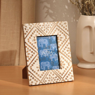 Hand Carved Wooden Photo Frame 4x6" | White Wash Mango Wood Picture Frame with Glass Front Cover | Rustic Farmhouse Tabletop & Wall Display Frame for Home Décor