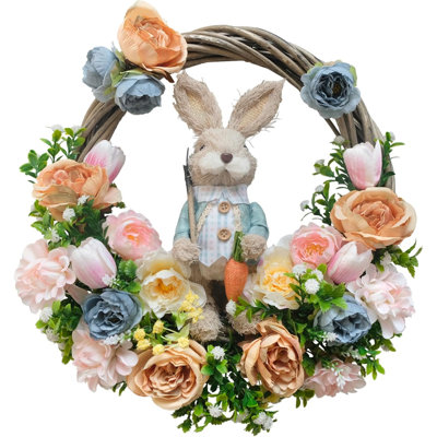 Couronne de Pâques de 16 pouces avec un lapin de Pâques artificiel. Couronne de lapin pour porte décorations de lapin de ferme avec des tulipes en soie roses vigne pour les décorations de fête de jardin