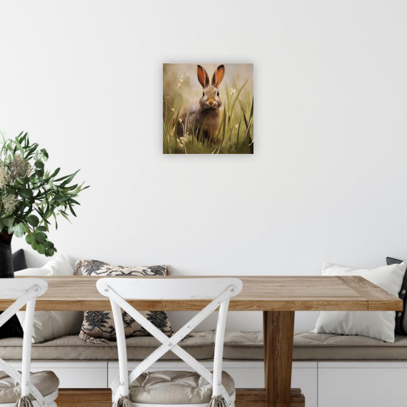 Charmant lapin dans un pré de fleurs sauvages, impression sur toile - 24 po x 24 po brun