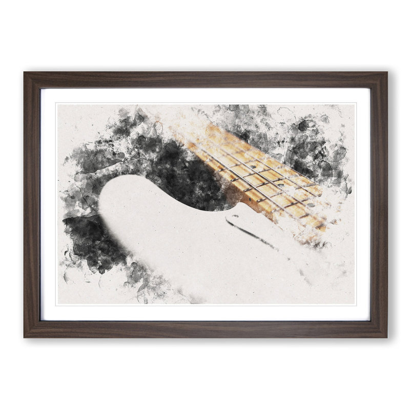 Strings of a White Bass Guitar - Picture Frame Graphic Art Print, 24cm H x 33cm W x 2cm D, Walnut Framed