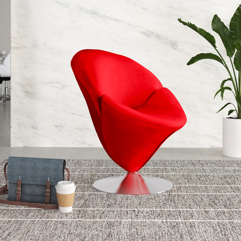 Tulip Modern Velvet Upholstered Metal Swivel Barrel Chair in Red, Red Velvet