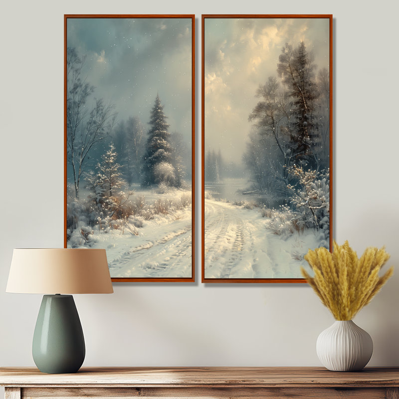 «White Winter Winter Road Into Forest III - Winter Landscape», impressions sur toile 2 pièces, H 32 po x l 32 po, Brun