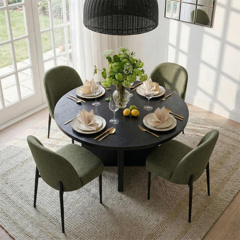  Modern Black Round Dining Set With 4 Upholstered Chairs, 5 Pieces: Table, 4 Chairs, Green