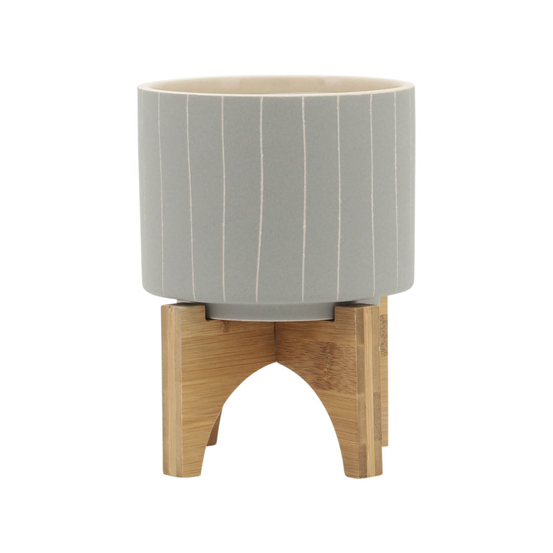 Planter on Stand Ceramic Planter on Wooden Base Contemporary Rustic Striped Design, 7" H x 5" W x 5" D, Tan